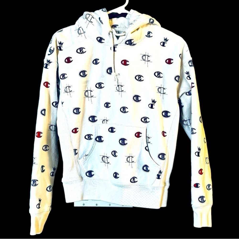Champion White Hoodie with Navy and Red Logo Print